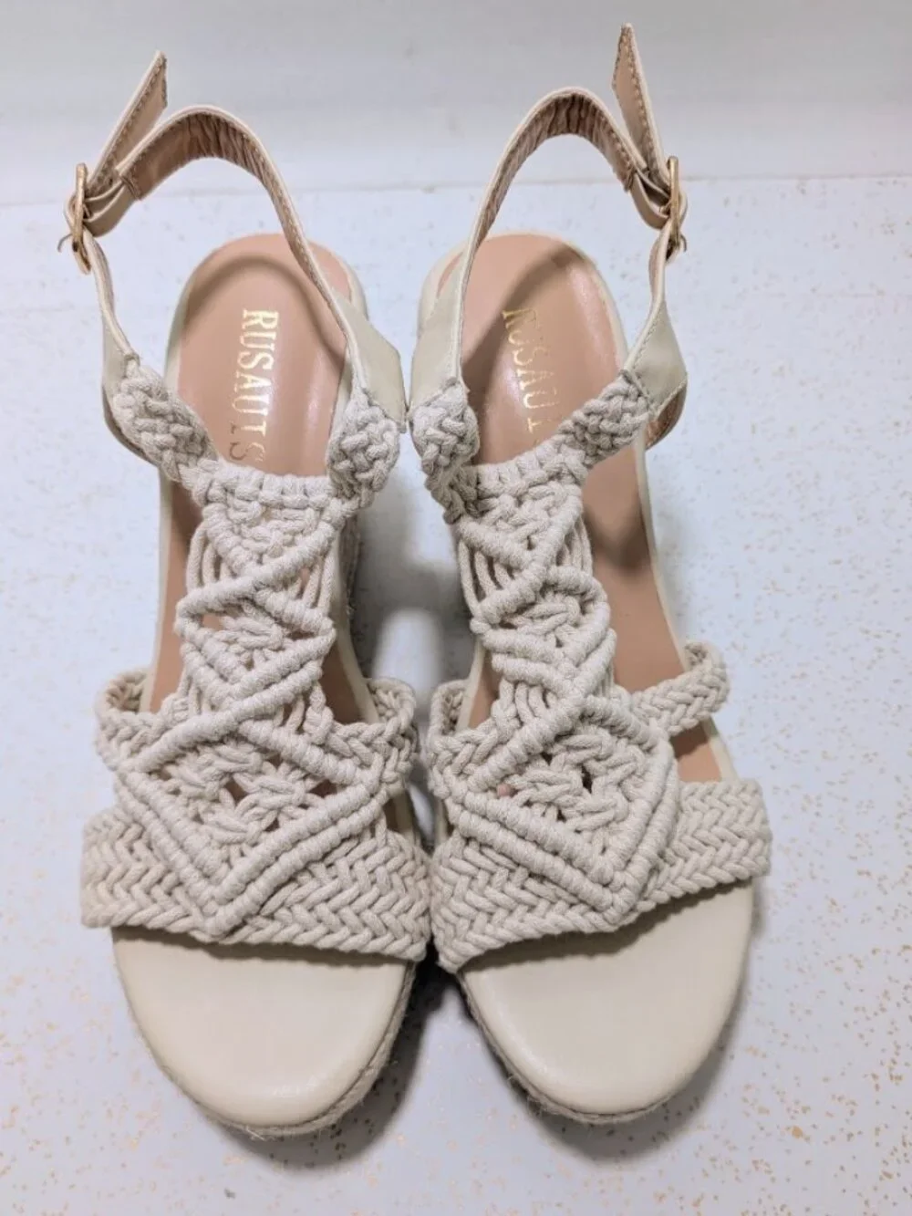 RUSAUISE Cream Macrame Espadrille Wedge Sandals Boho Crochet Platform 8.5 NWOT